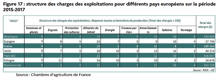 Structure des charges des exploitations pour différents pays européens sur la période 2015-2017